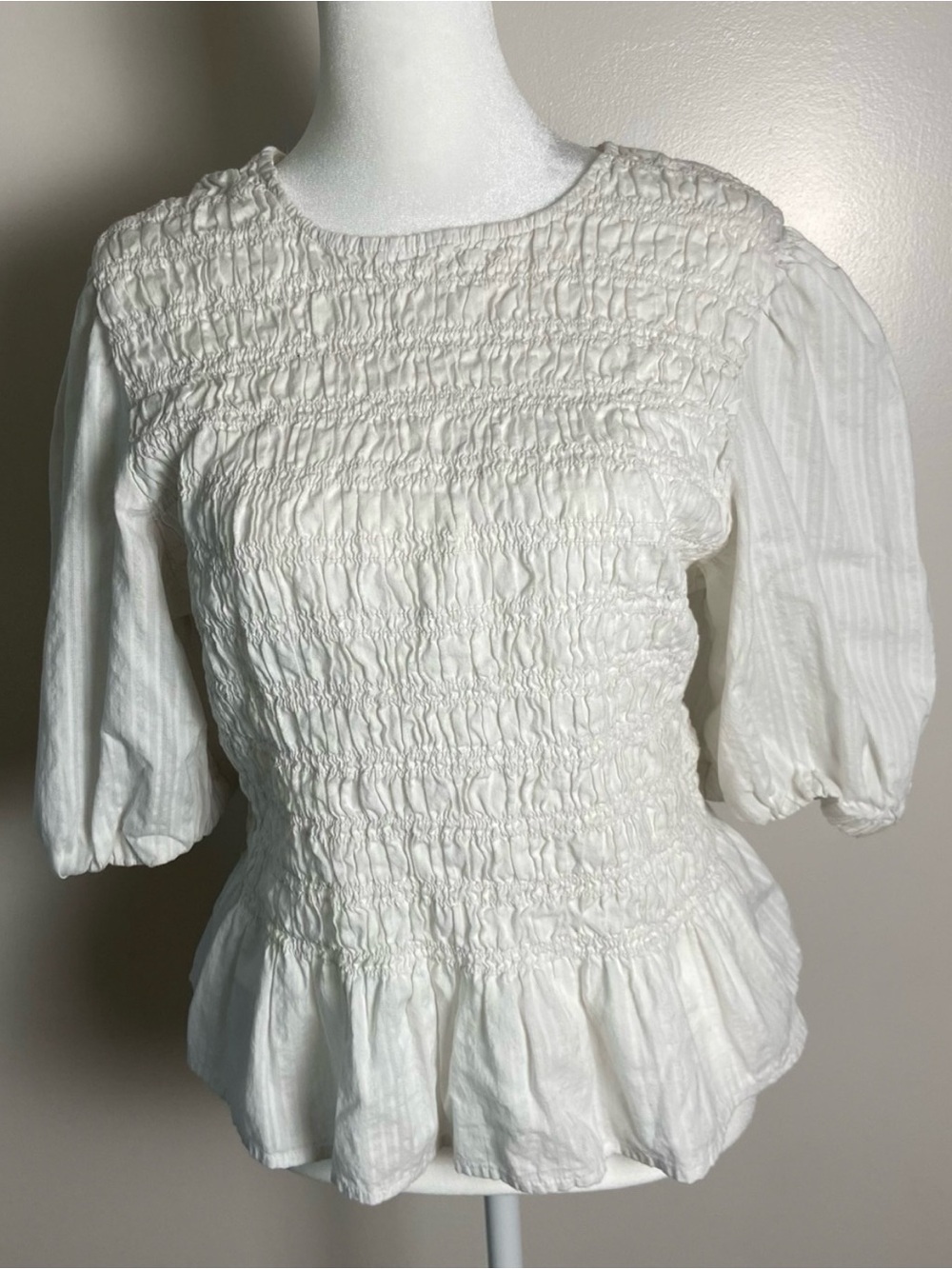 OLD NAVY White Smocked Peplum Blouse with Puff Sleeves